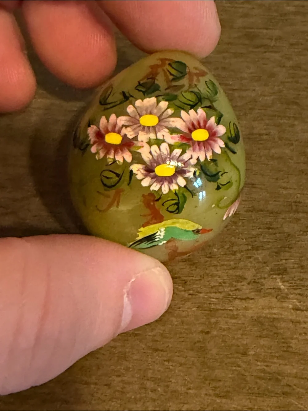 Vintage green  Stone (jade?) Egg  Hand Painted with, flowers Mini